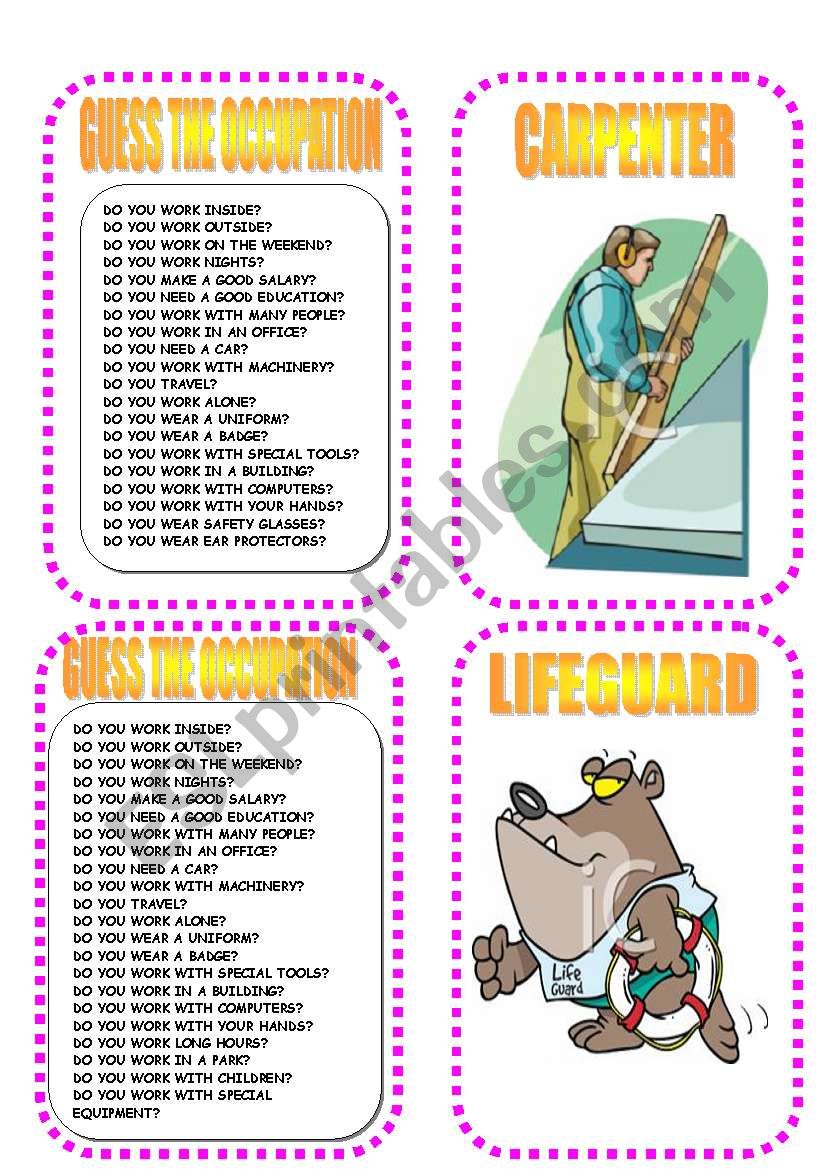CARD 10 OCCUPATIONS GAME CARD worksheet