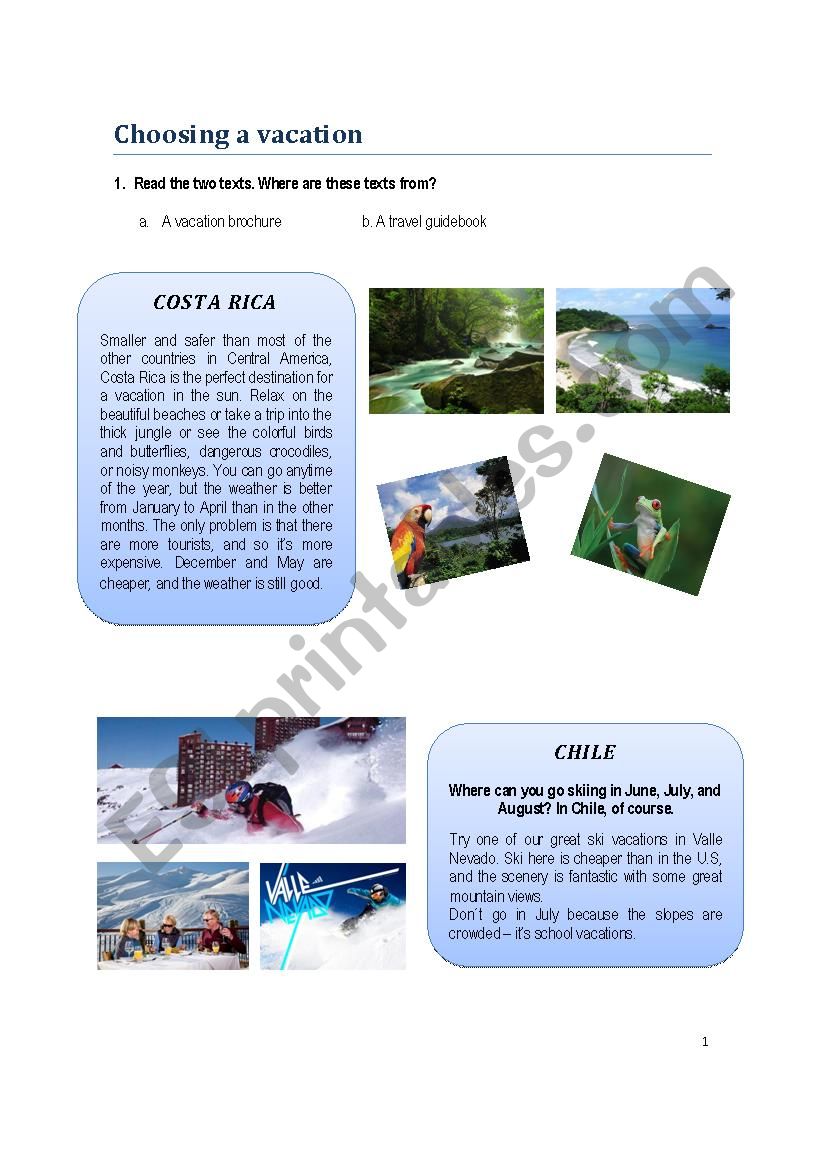 Choosing a vacation worksheet