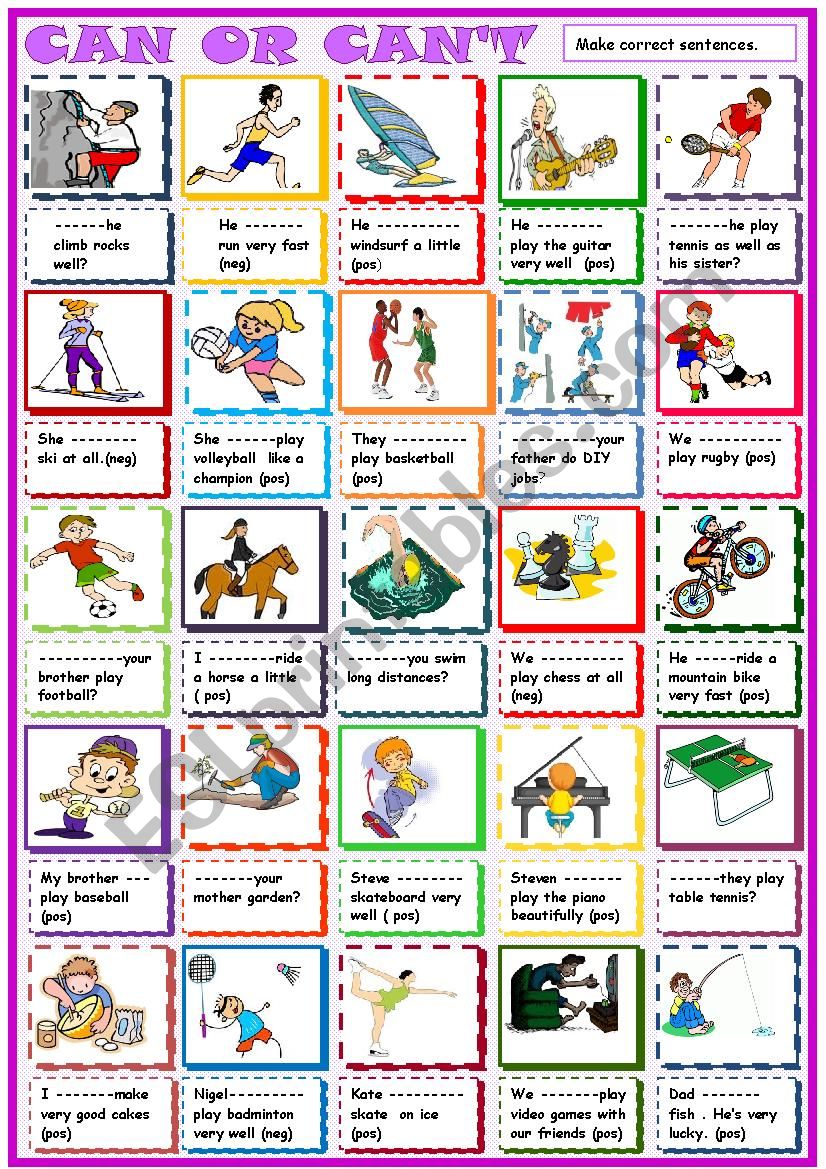 Can , cant  : make sentences worksheet