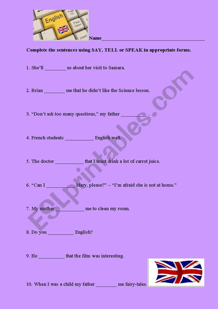 Say, tell or speak worksheet