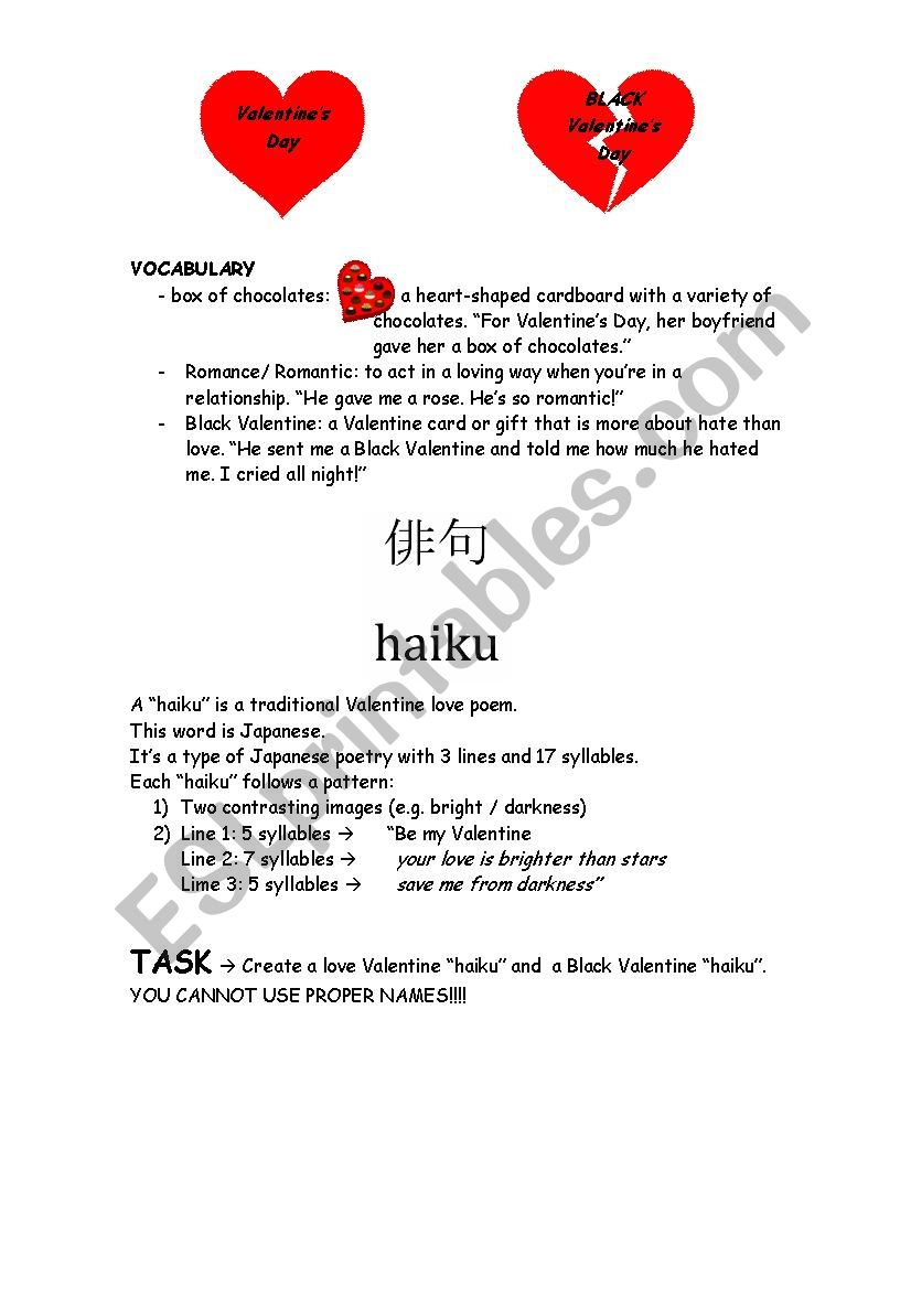 HAIKU Valentine´s and Black Valentine´s Poems ESL worksheet by Lalala