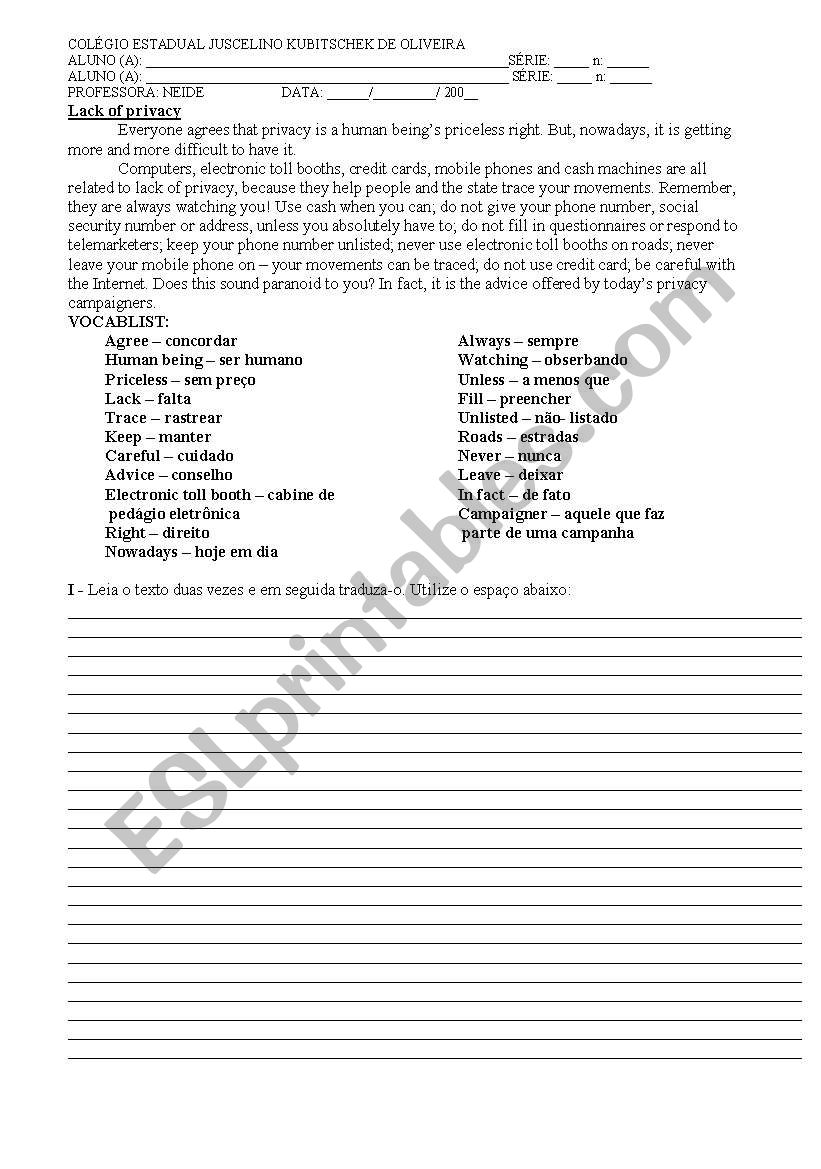 LACK OF PRIVACY worksheet