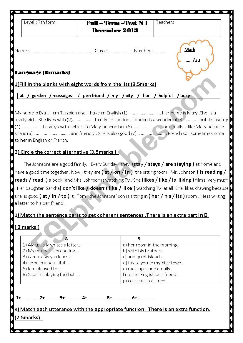 full term test 1 7th form worksheet