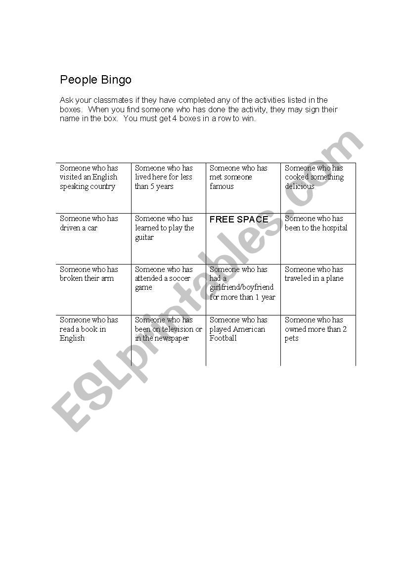 People Bingo (with Present Perfect)