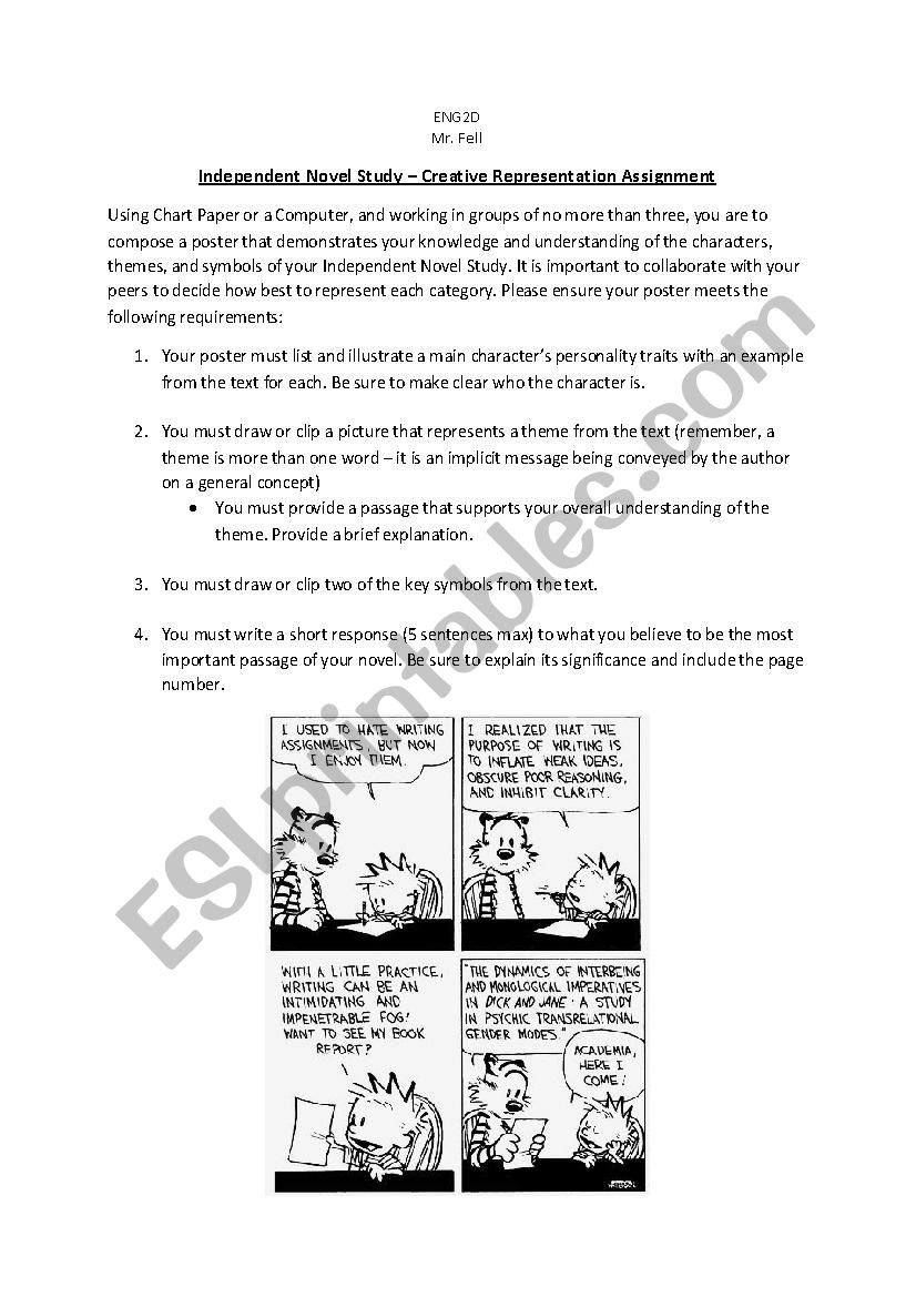 Independent Novel Assignment worksheet