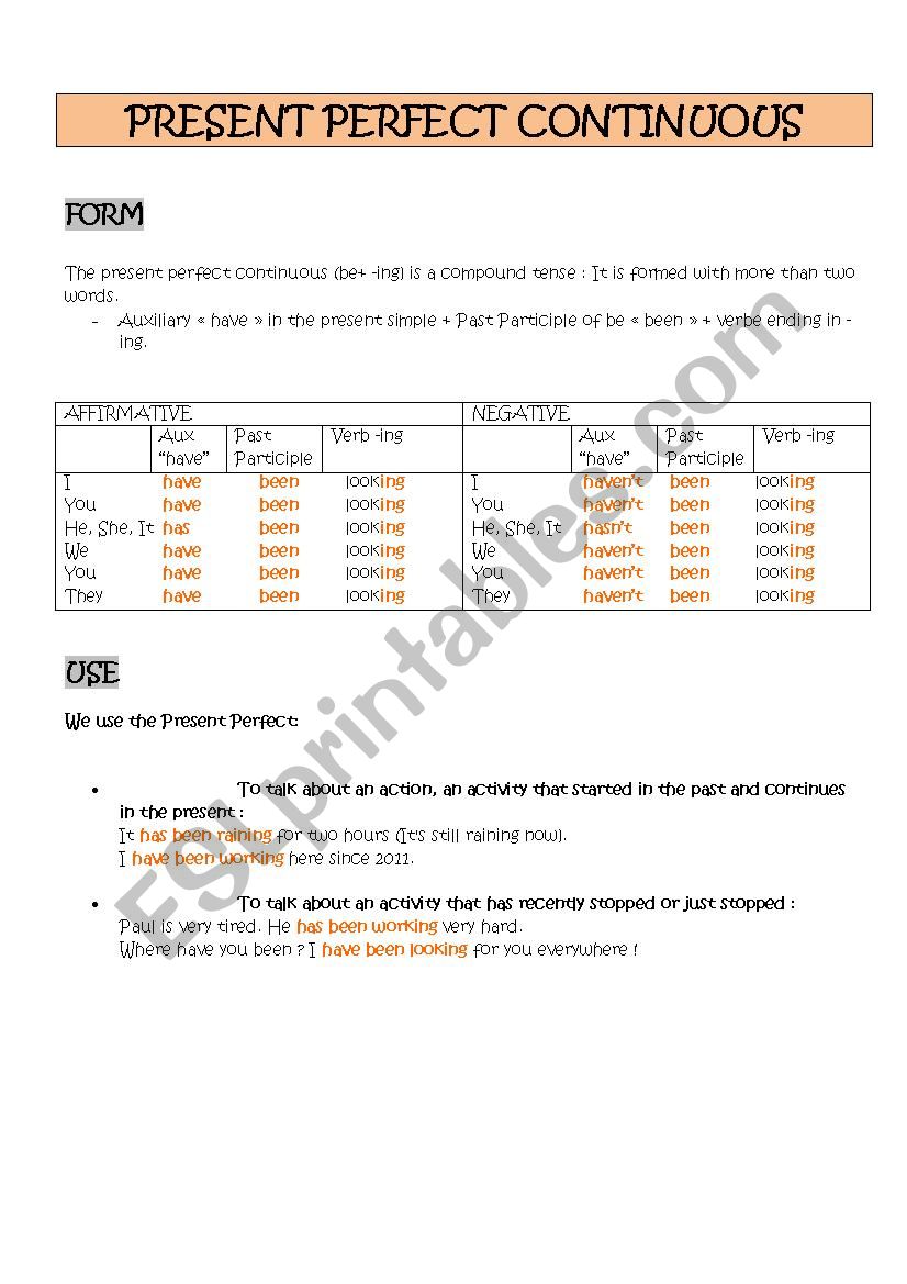 Present perfect continuous worksheet