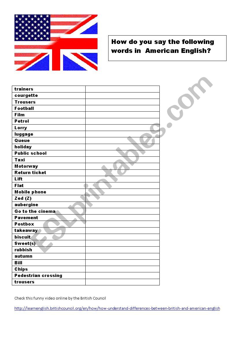 UK vs. USA English worksheet