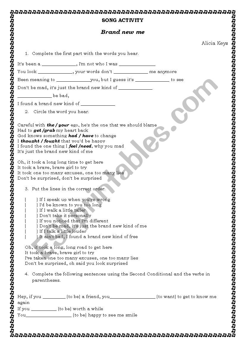 Brand new me Song Worksheet worksheet