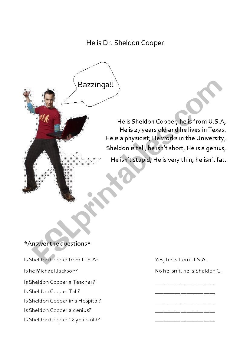 He is Sheldon Cooper worksheet
