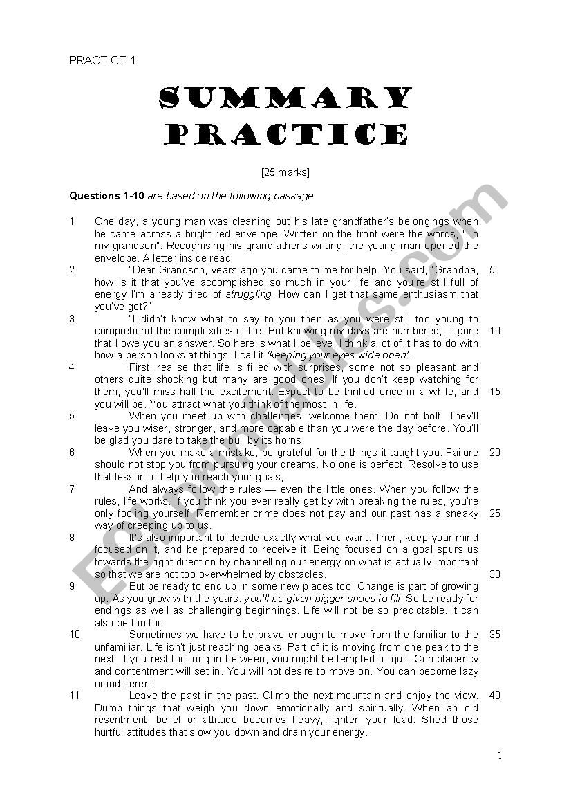 SUMMARY PRACTICE worksheet