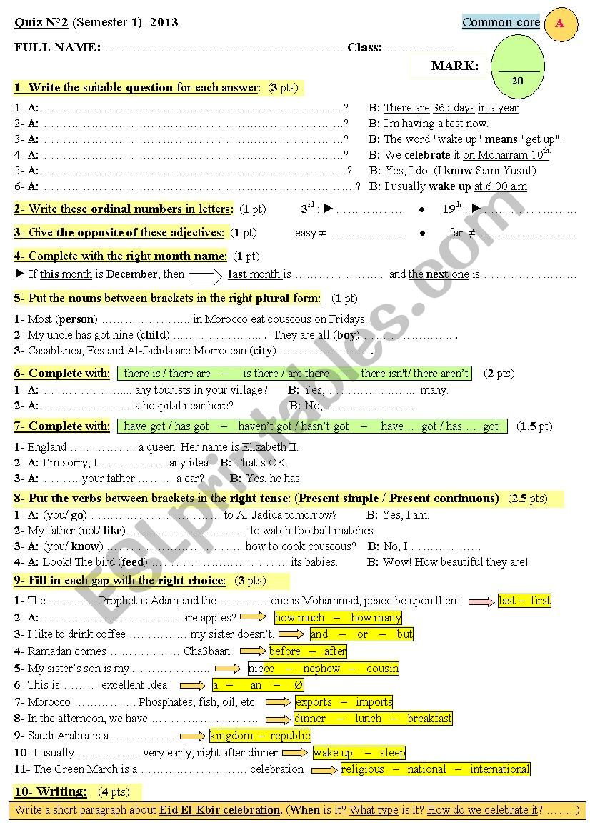 A superfine test or Quiz  for elementary students Version 