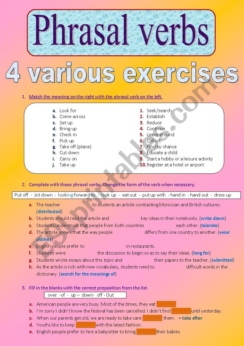 Phrasal Verbs activity : 4 various kinds of exercises (+key included!)