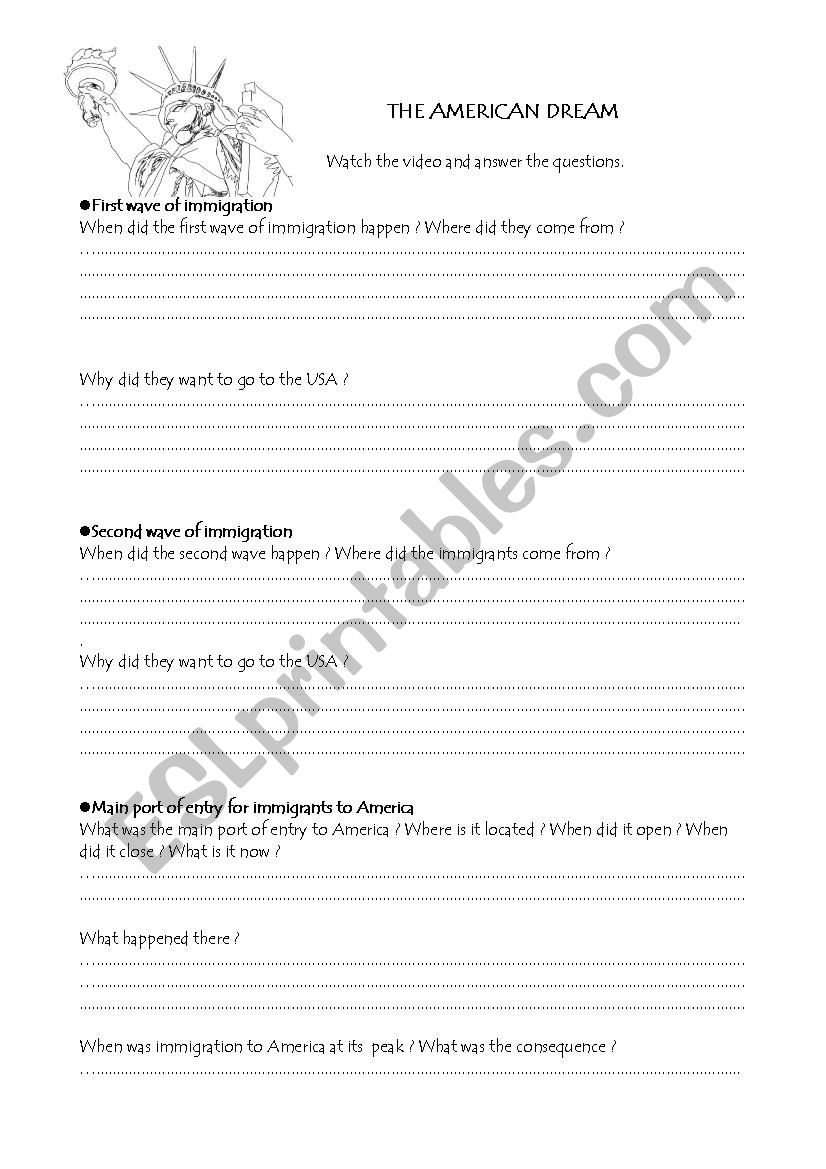 Immigration to the USA worksheet
