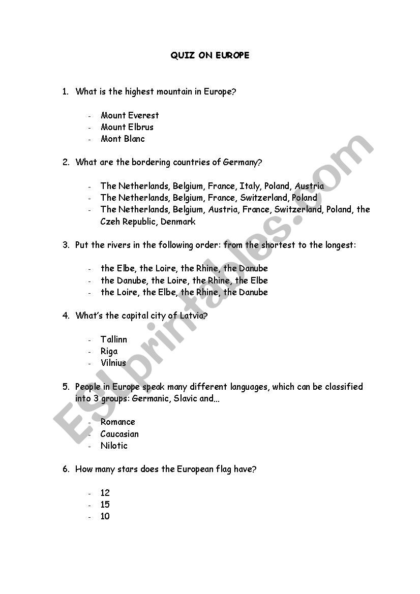 QUIZ ON EUROPE worksheet