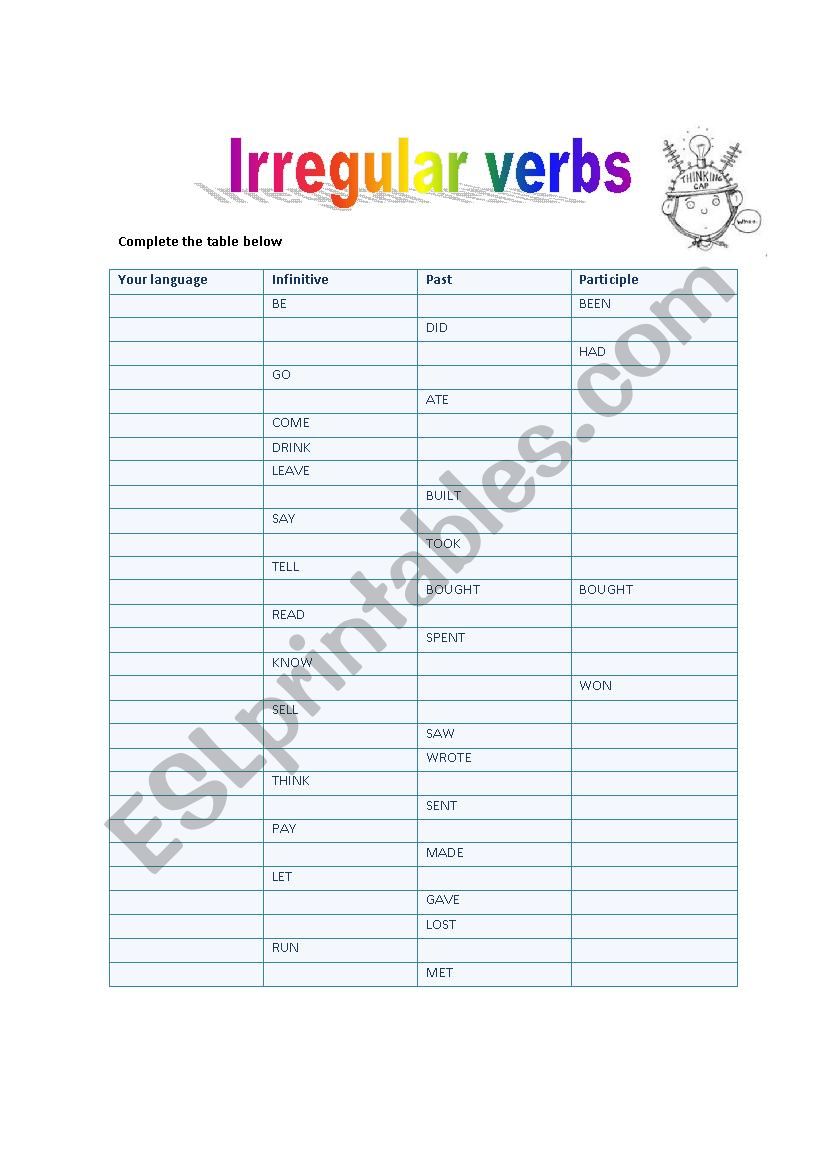 IRREGULAR VERBS: Table worksheet