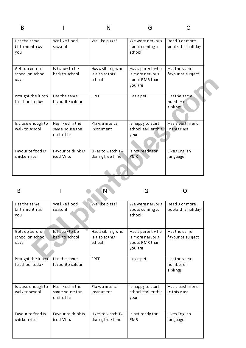 Grammar bingo! worksheet