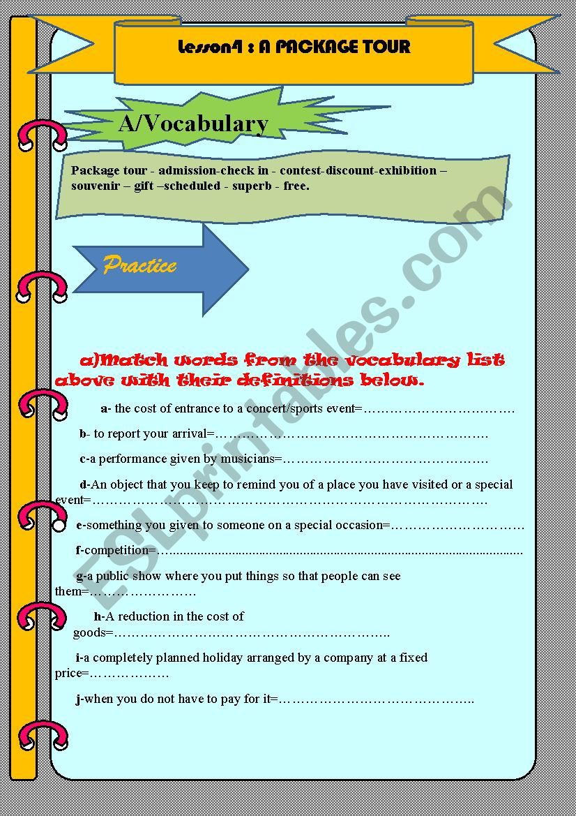 A package Tour worksheet