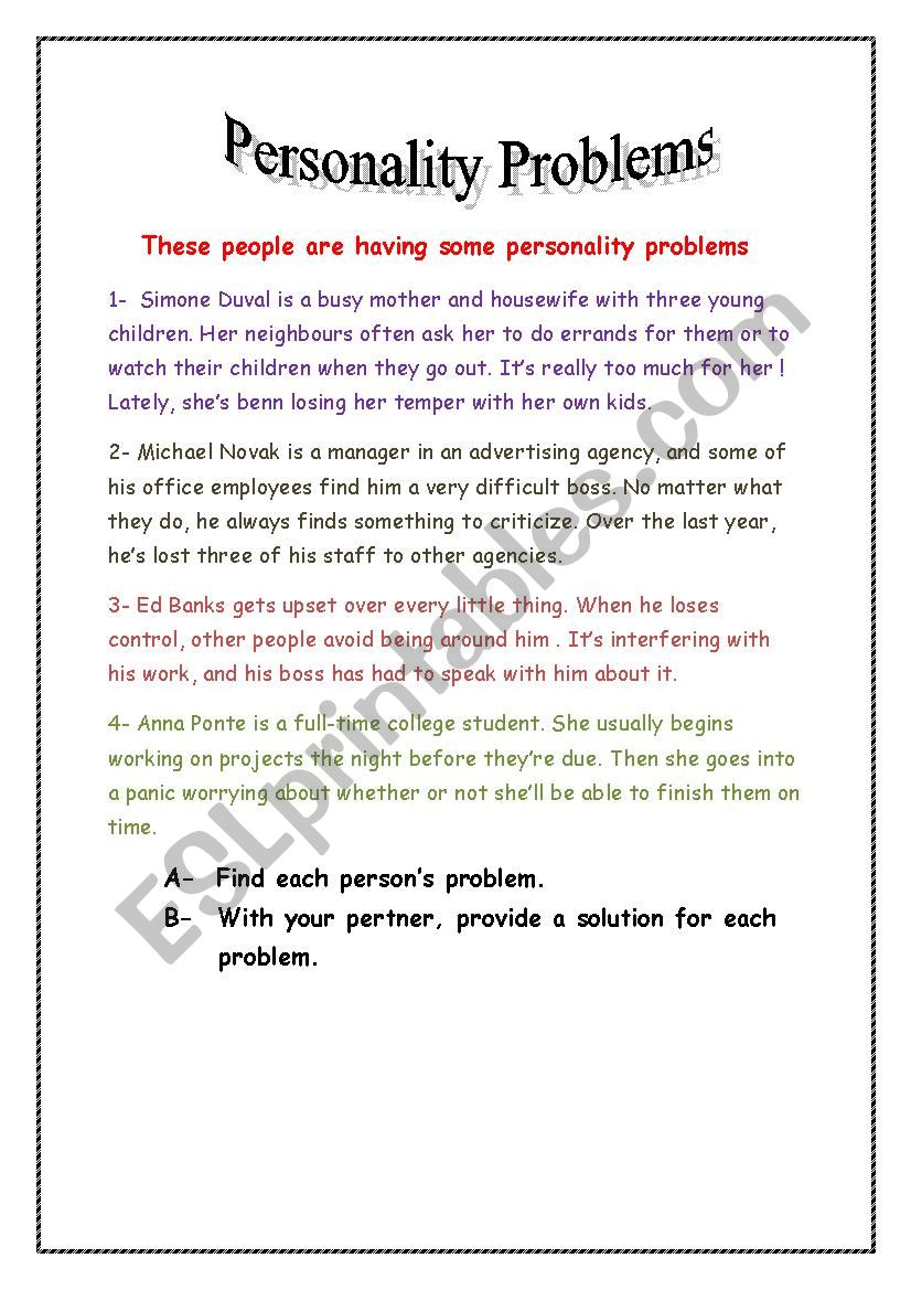 personality problems worksheet