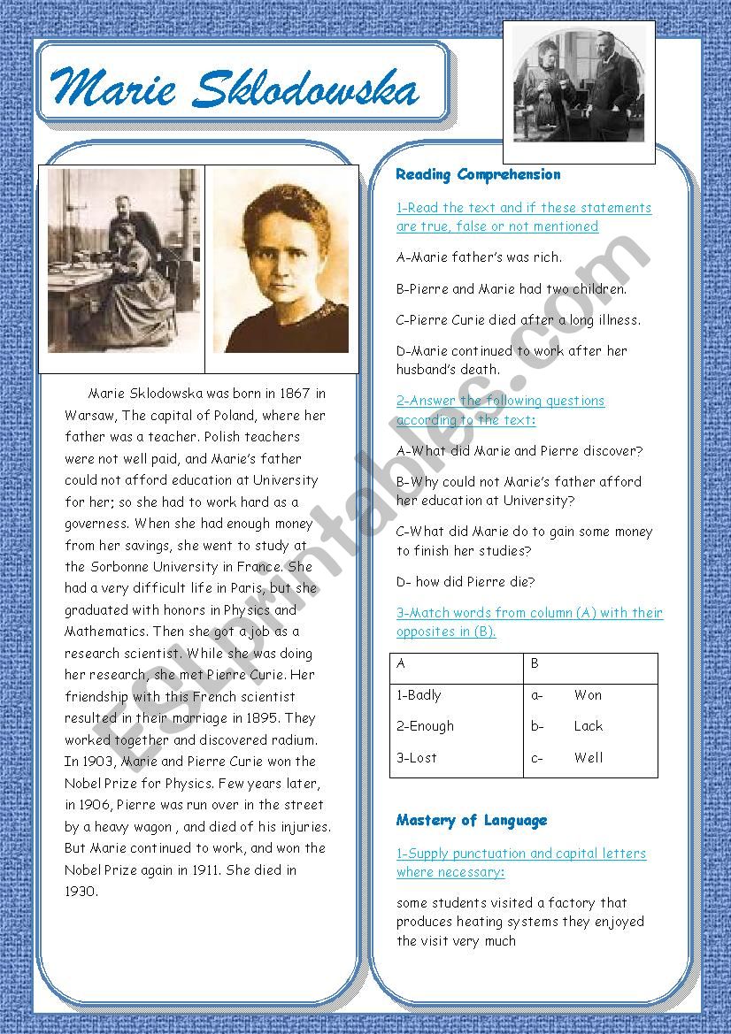 Marie Sklodowska worksheet