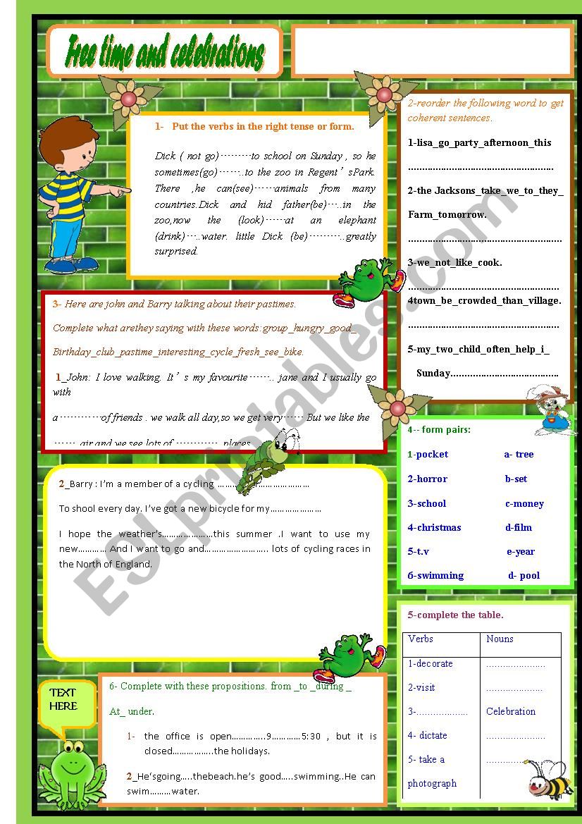 Free time and celebrations worksheet