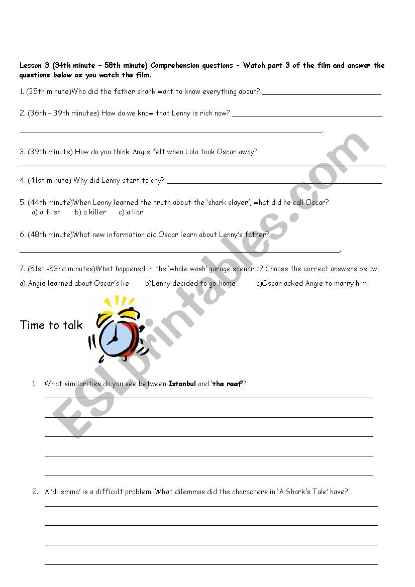 A Sharks Tale booklet part 2 worksheet