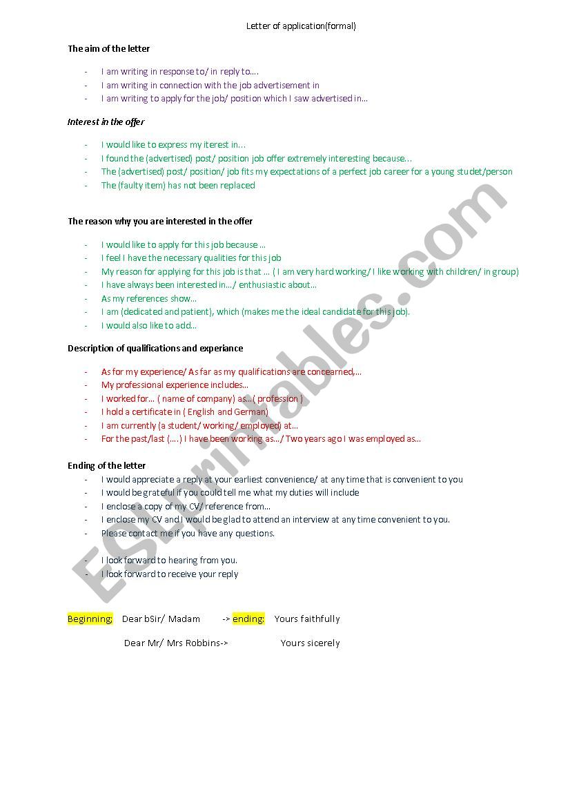 Letter of Application worksheet