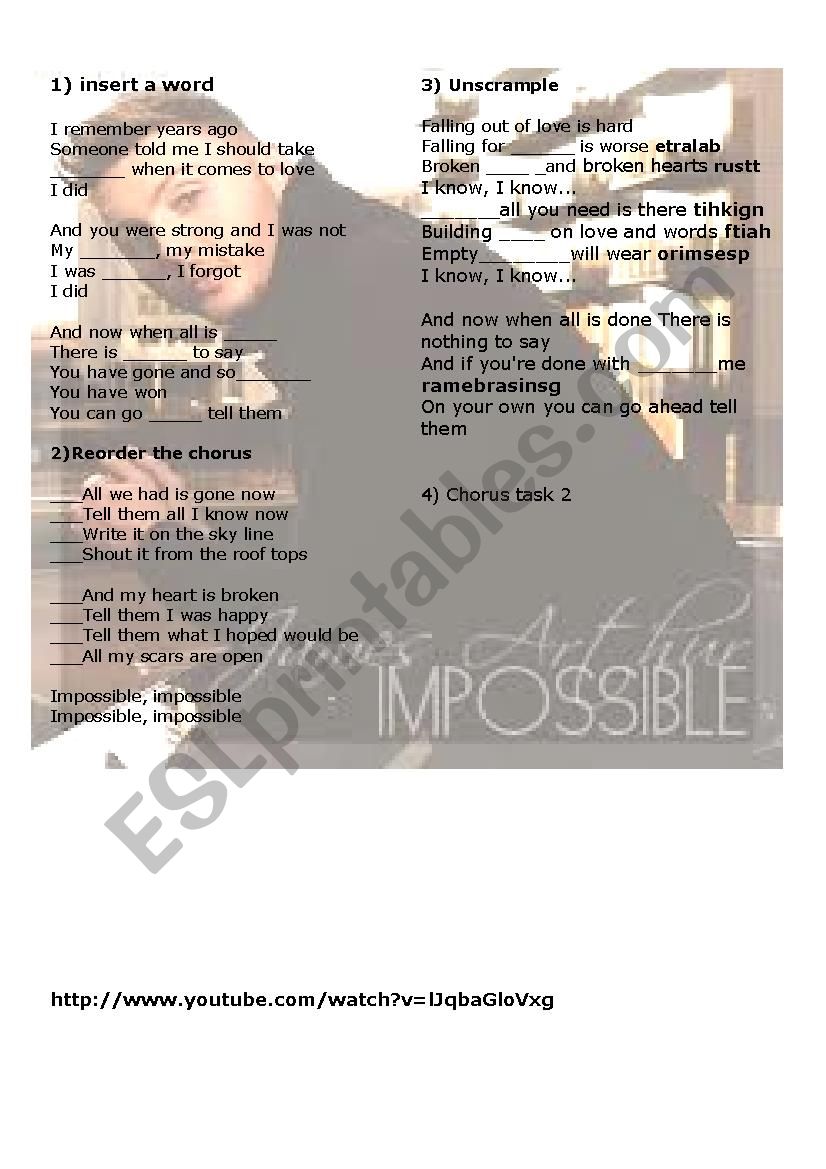 James Arthur - Impossible worksheet