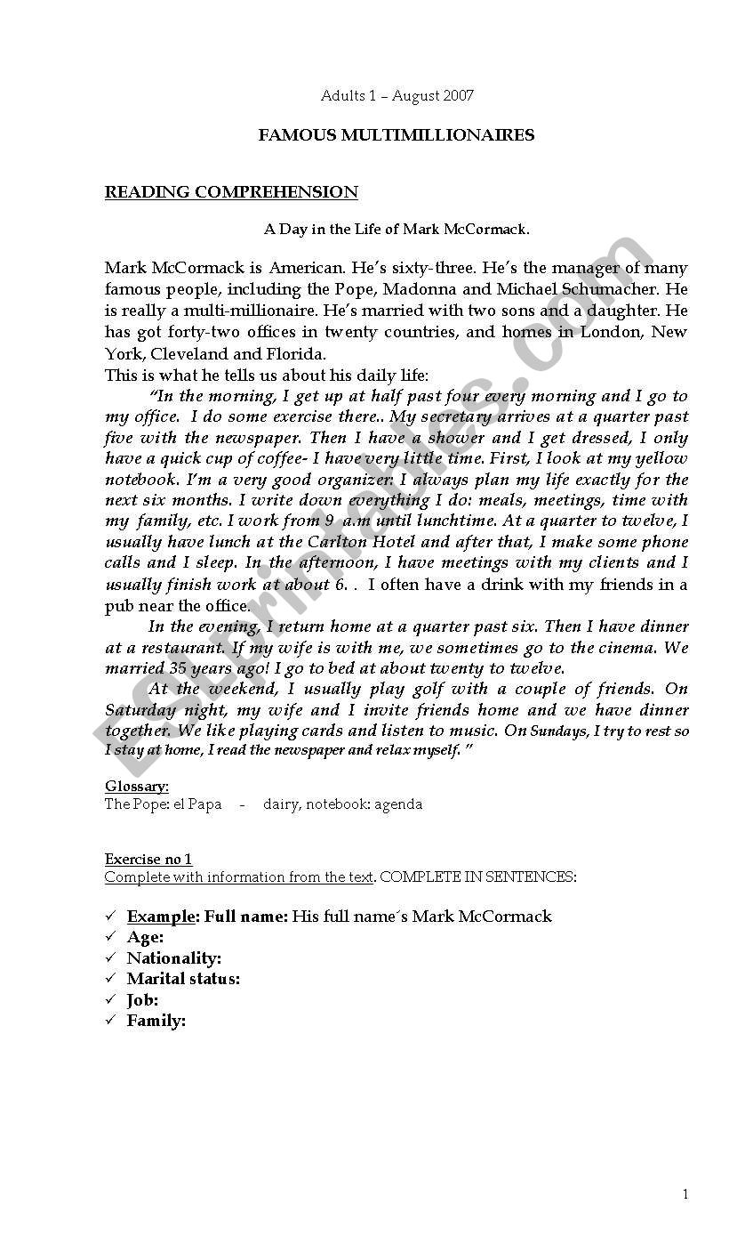 Reading comprehention to revise present simple