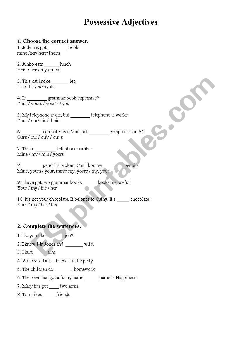 Possessive adjectives worksheet