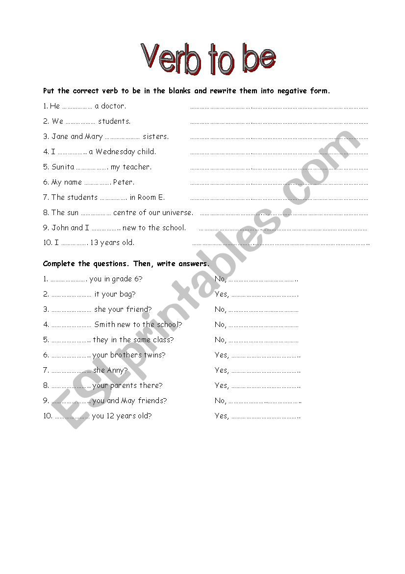 verb to be worksheet