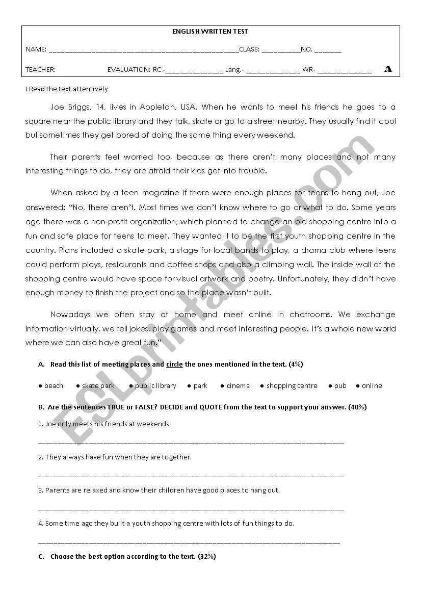 Test - Teens worksheet