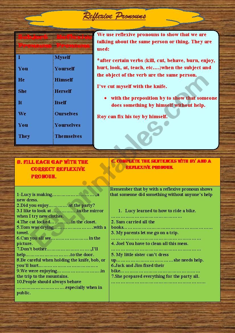 reflexive pronouns worksheet