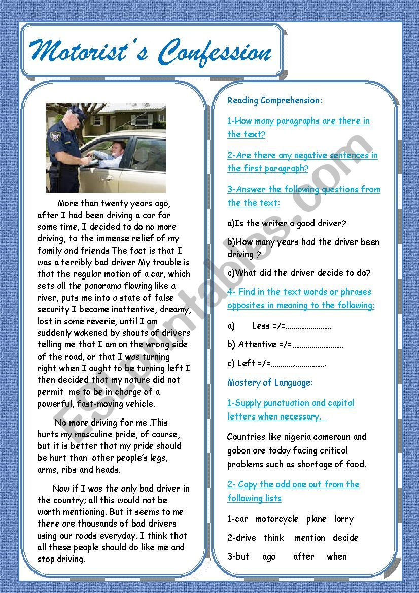 motorist s confession  worksheet