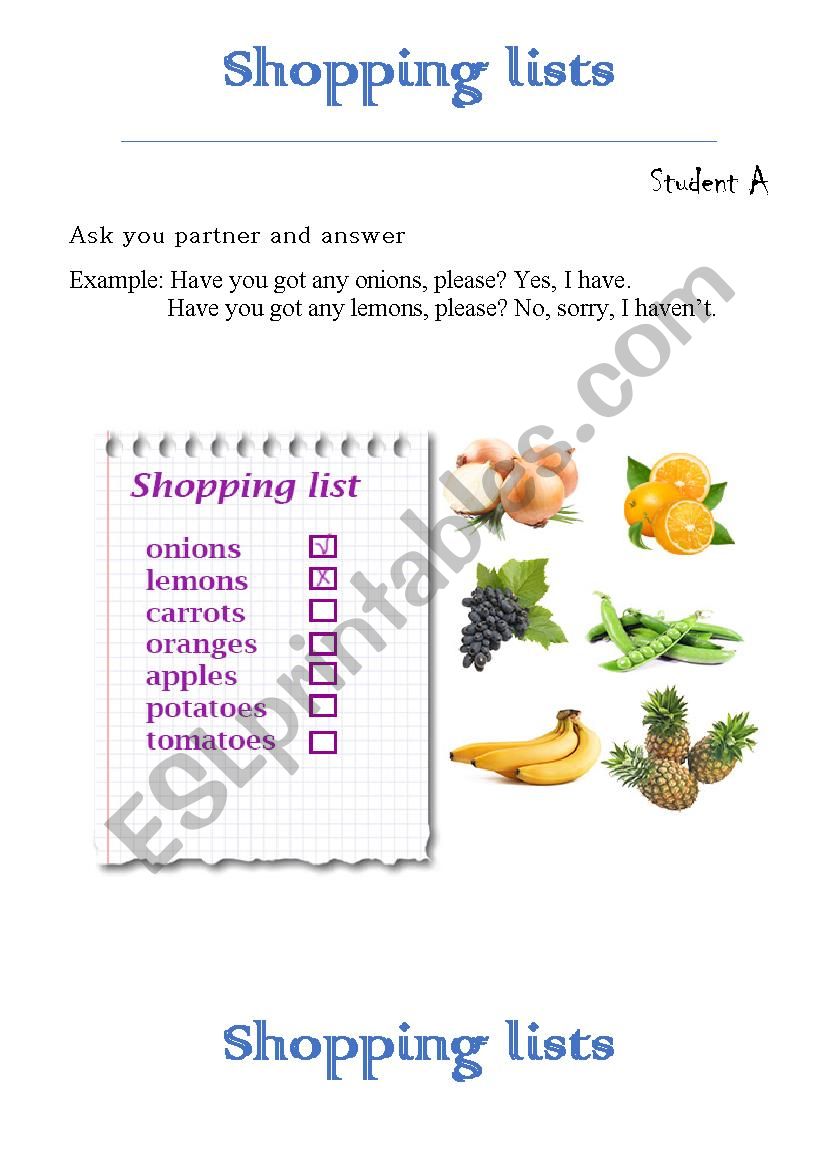 Shopping lists worksheet