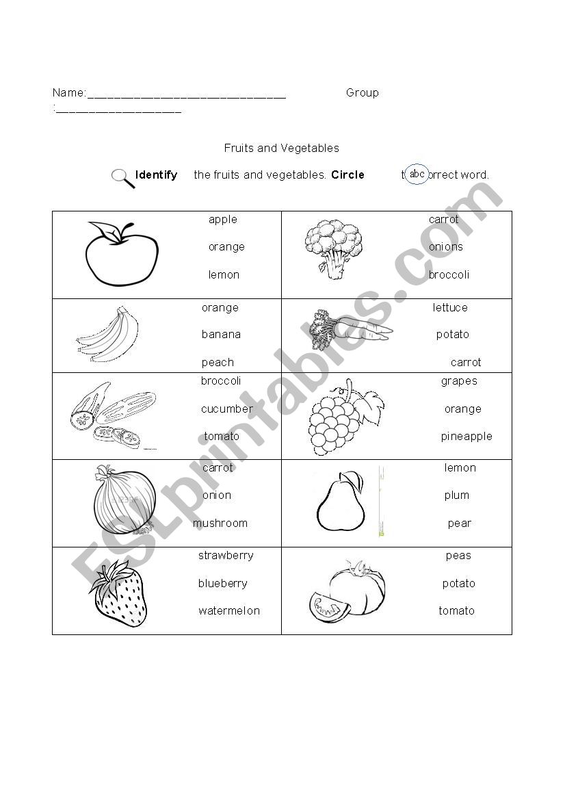 Fruits and vegetables worksheet