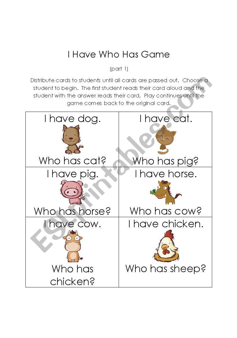 I Have Who Has Animal Game worksheet