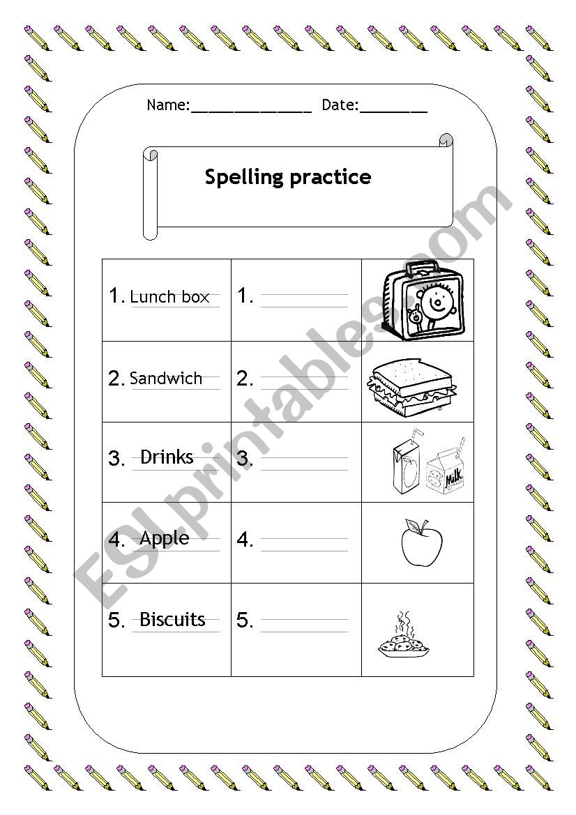 Spelling practice - food worksheet