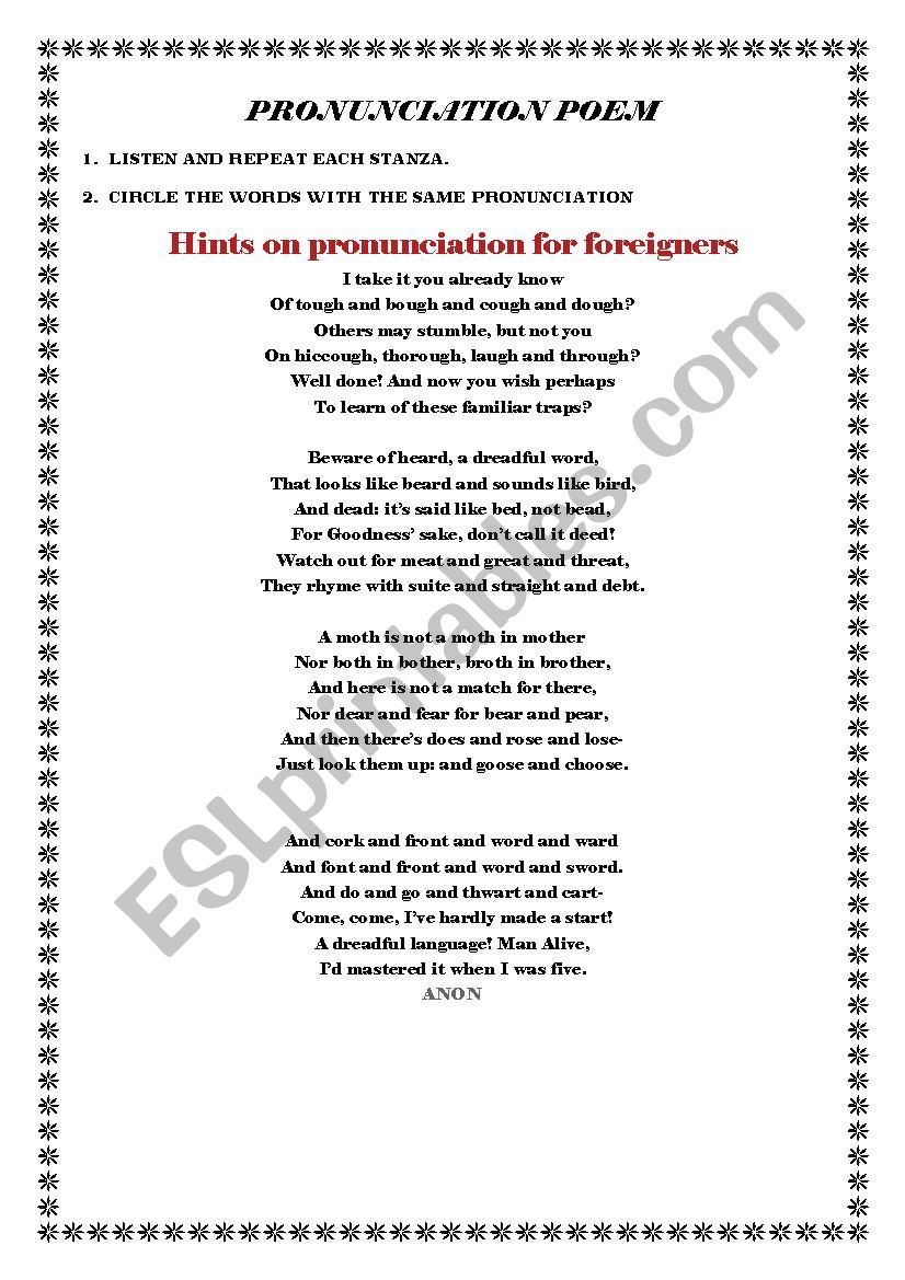 PRONUNCIATION POEM worksheet