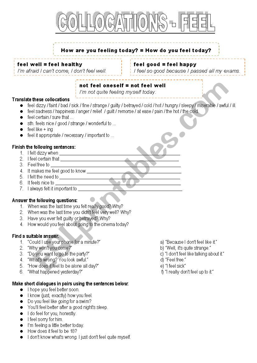 Collocations - Feel worksheet