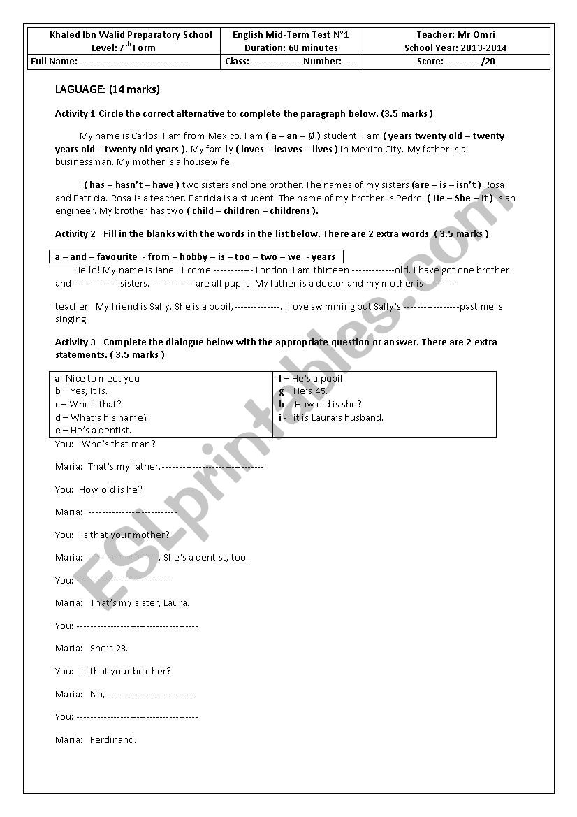 Mid-term test N1 worksheet