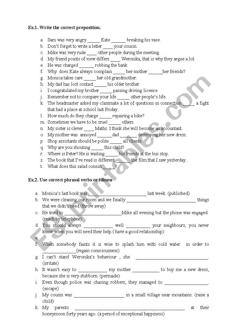 Prepositions + phrasal verbs worksheet