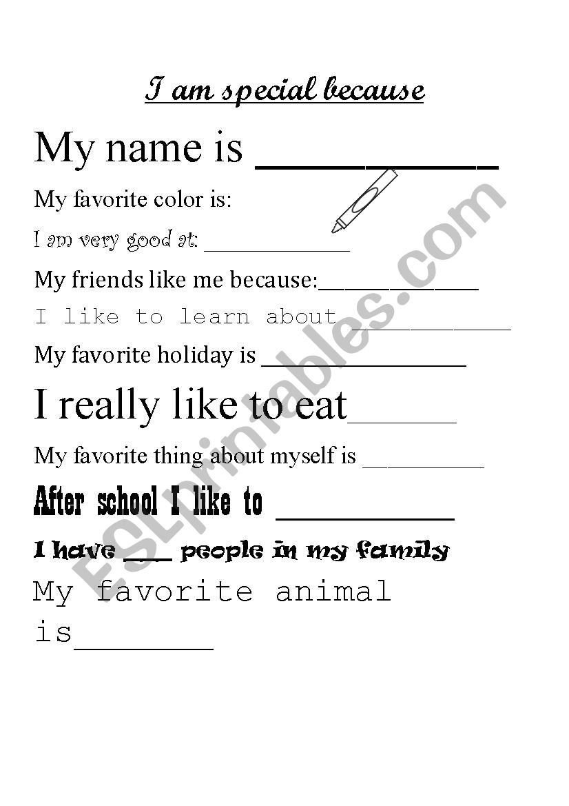 I Am Special Because ESL Worksheet By Tladean