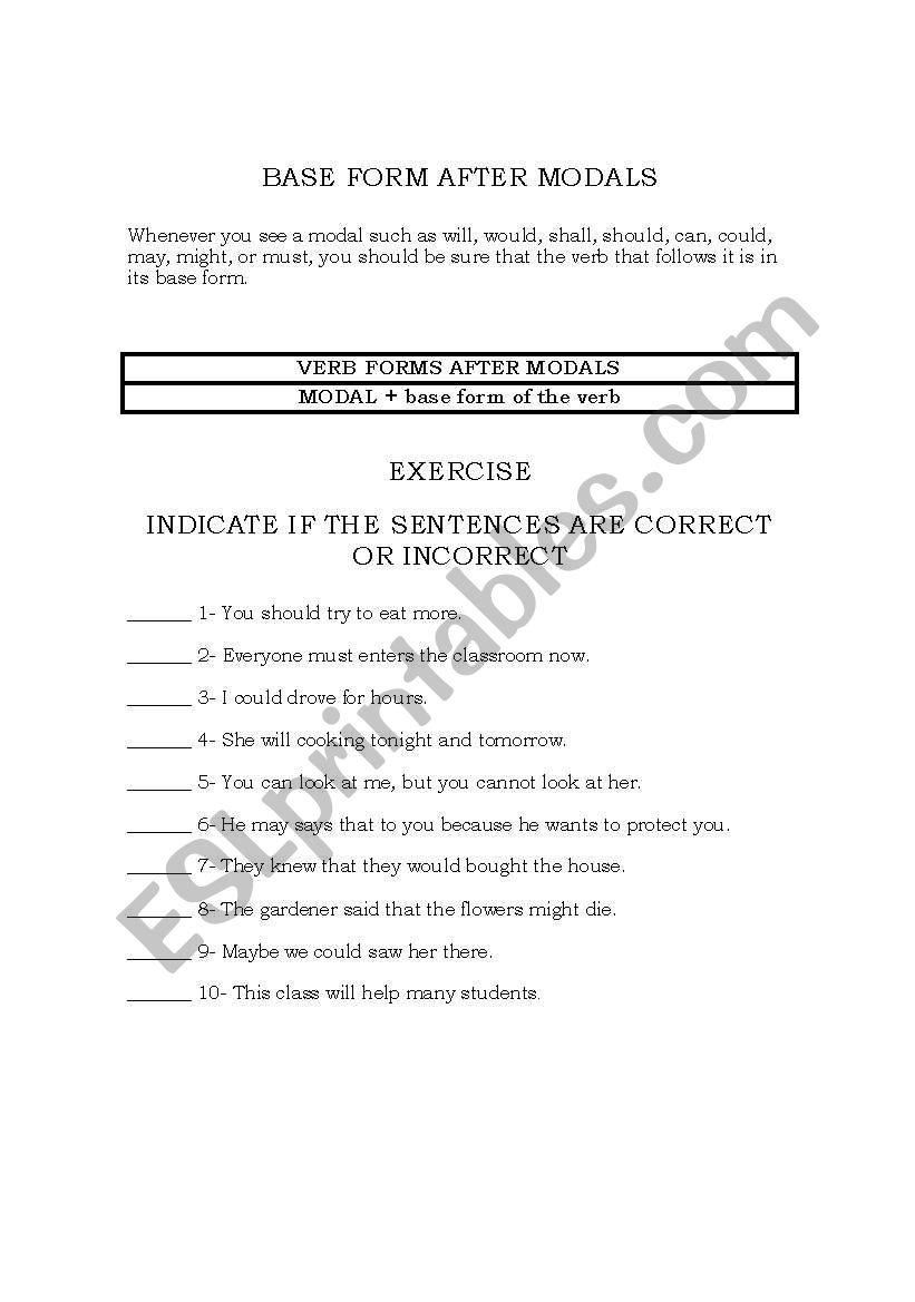 Base Form after modals worksheet