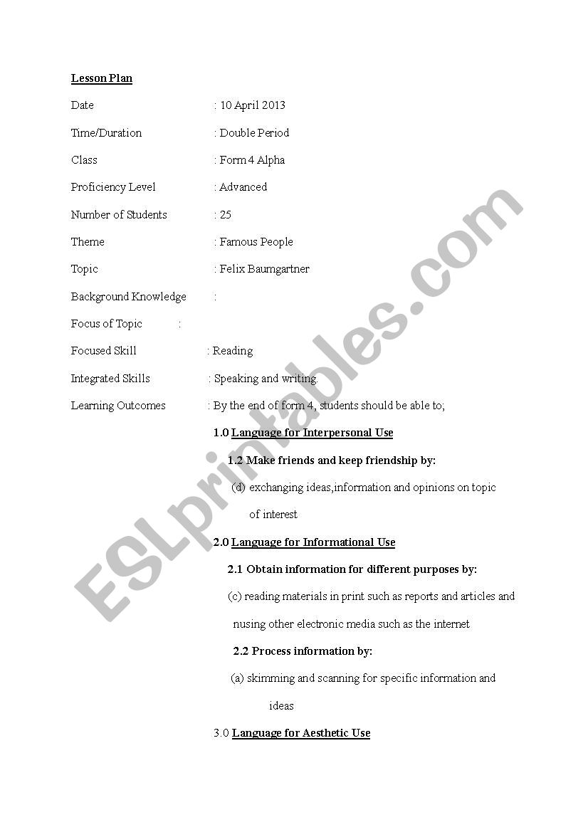 Reading Lesson Plan worksheet