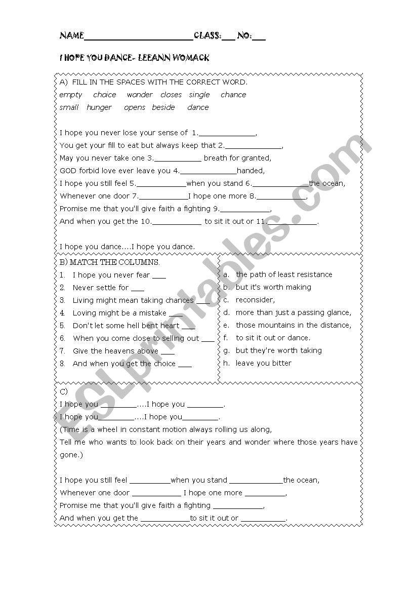 Song Worksheet I Hope You Dance Lee Ann Womack