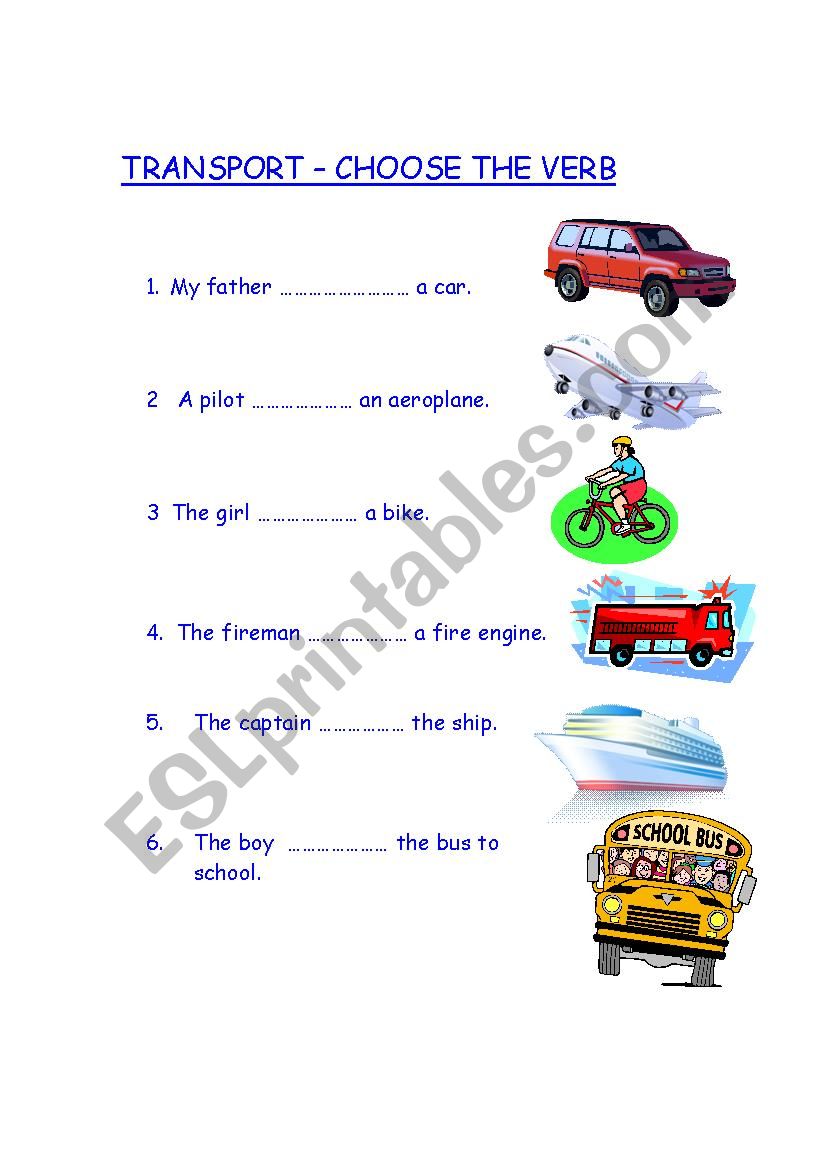 Transport choose the verb worksheet
