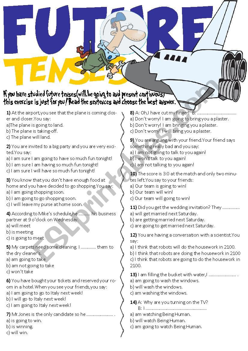 Future Tenses Exercises(Will,Be going to and Present continuous)