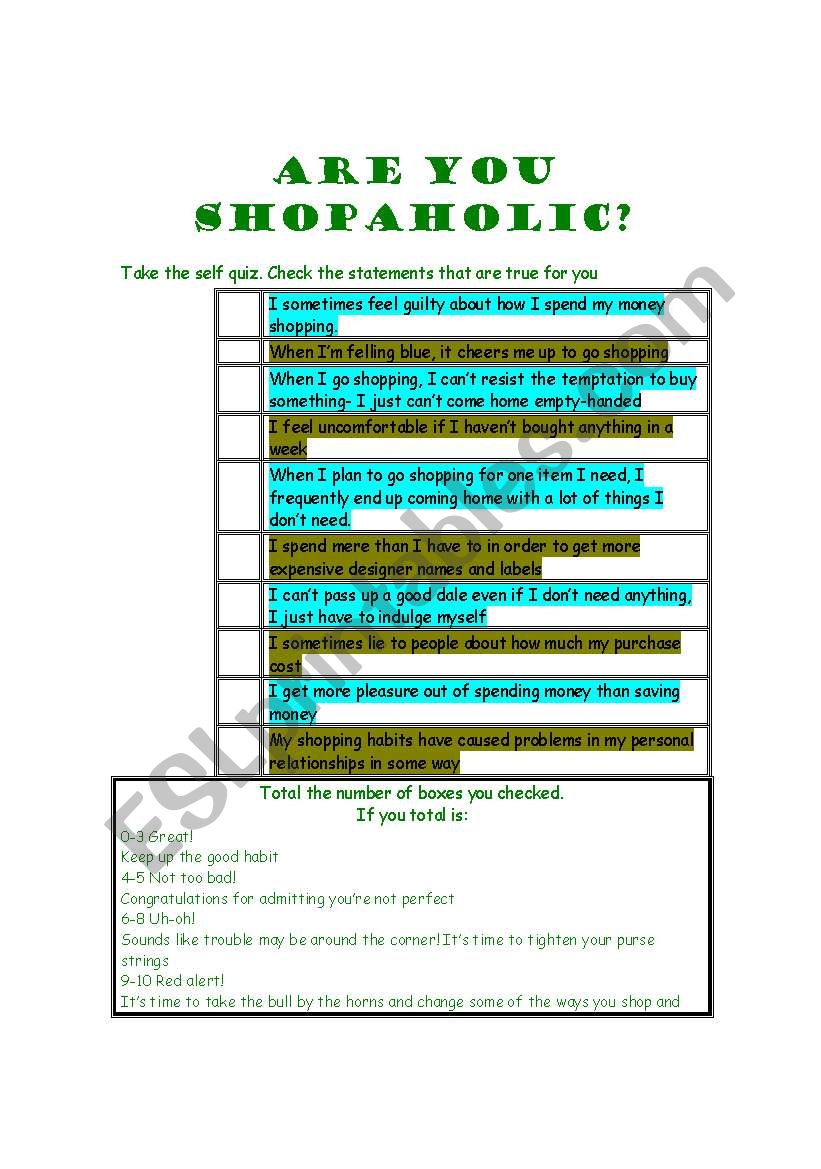 Are shopaholic? worksheet