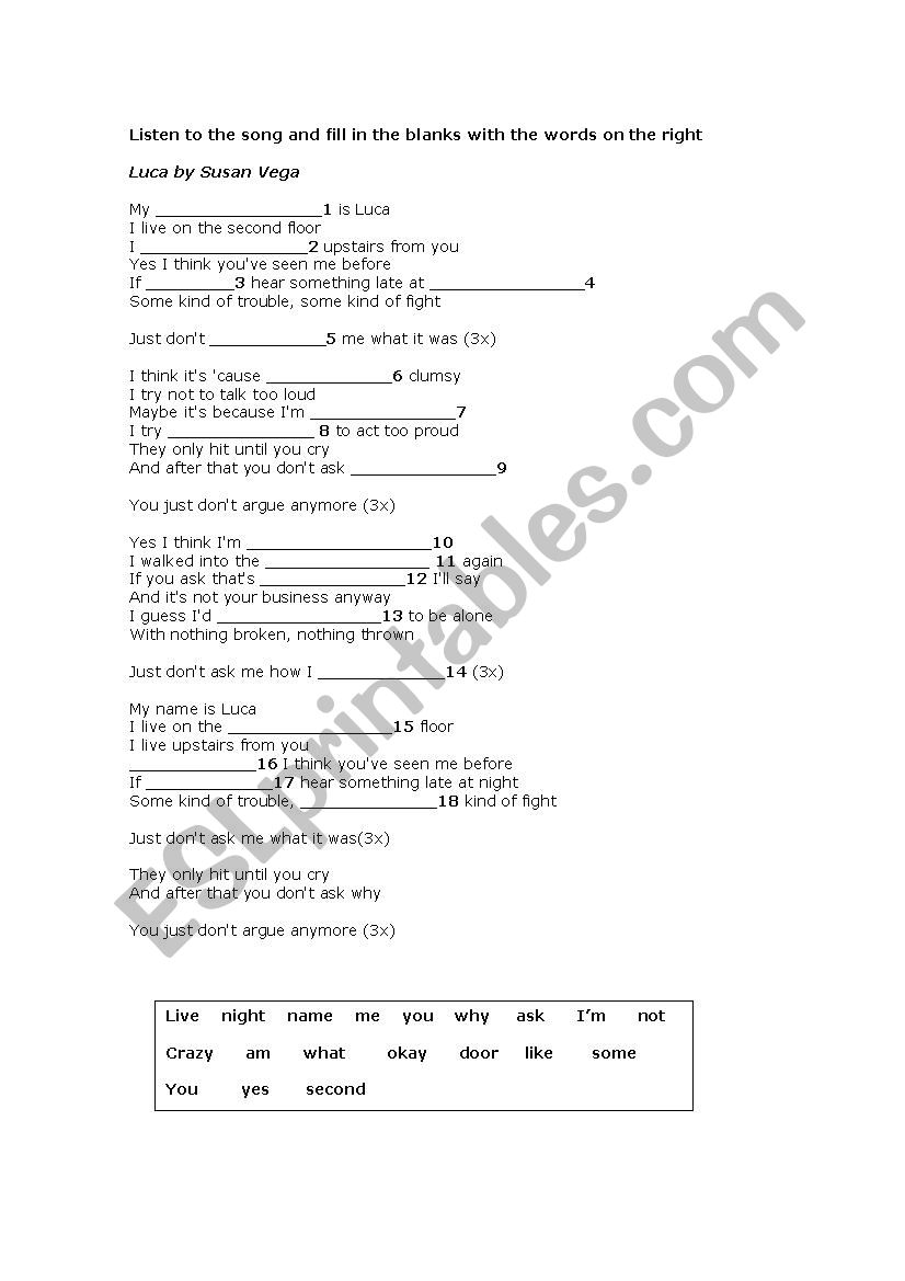 Listening - Luka (song) worksheet