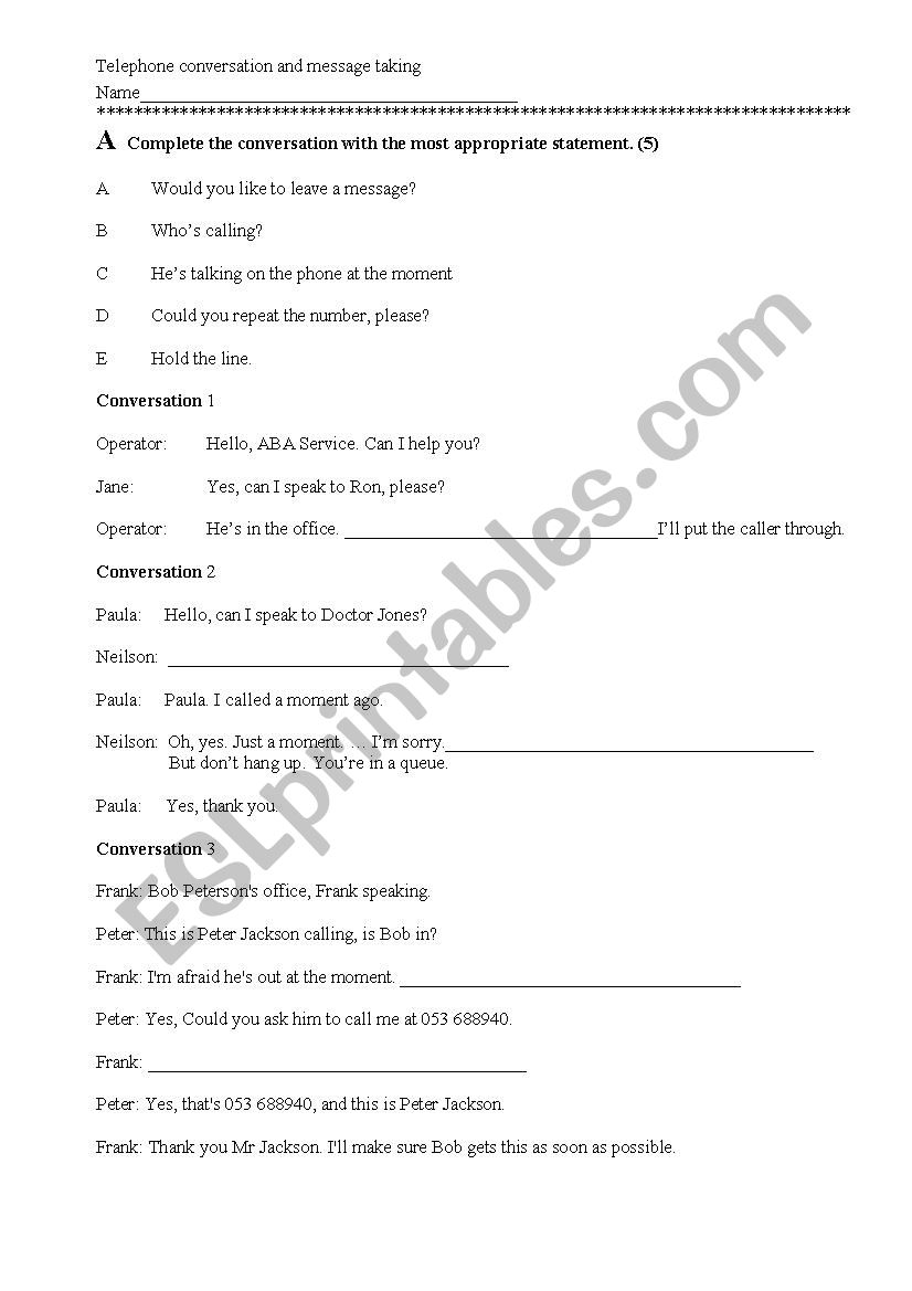 Telephone Conversation worksheet